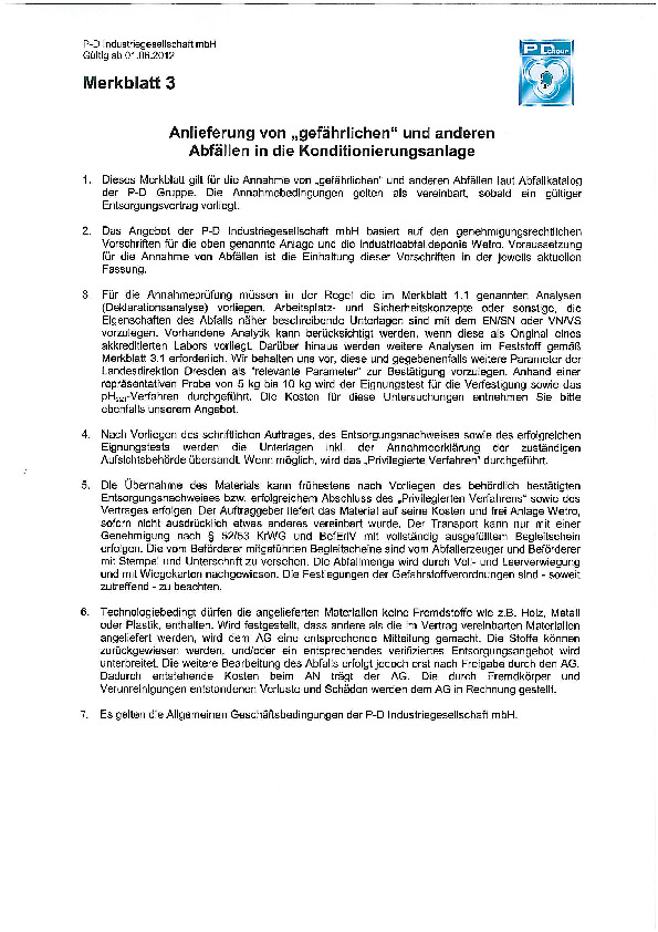 Konditionierungsanlage Deponie Wetro, Merkblatt 3 und 3.1 